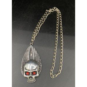 Skull Pendant Necklace Red Rhinestone Eyes Silver Tone Goth Jewelry 18” Cosplay